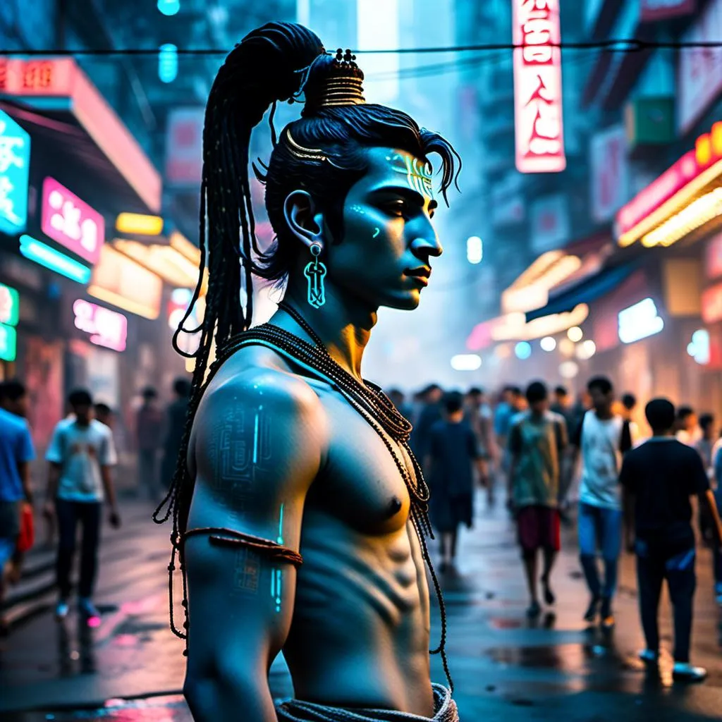 Prompt: <mymodel>Cyberpunk scene of an 18-year-old (mymodel) walking down a street in Mongkok, futuristic cityscape, front view, minimal clothing with cyber modifications, intense atmosphere, highres, ultra-detailed, cyberpunk, futuristic, high-tech clothing, urban setting, detailed background, intense lighting