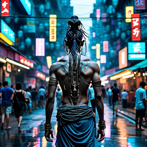 Prompt: <mymodel>Cyberpunk scene of an 18-year-old (mymodel) walking down a street in Mongkok, futuristic cityscape, front view, minimal clothing with cyber modifications, intense atmosphere, highres, ultra-detailed, cyberpunk, futuristic, high-tech clothing, urban setting, detailed background, intense lighting