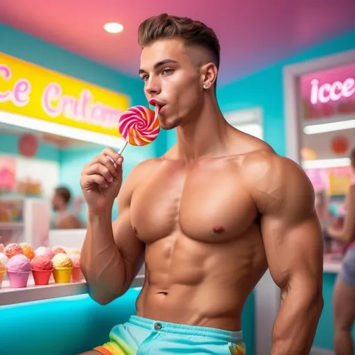 Prompt: Young man in crop top and tight shorts, eating lollipop at ice cream shop, muscular physique, vibrant and lively, high quality, digital art, colorful, playful lighting, youthful, fashionable, confident expression, contemporary, modern, summer vibes