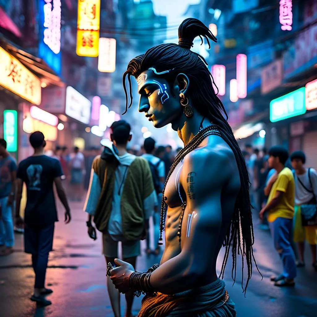 Prompt: <mymodel>Cyberpunk scene of an 18-year-old (mymodel) in a street in Mongkok, futuristic cityscape, talking with his gay friend, front view, minimal clothing with cyber modifications, intense atmosphere, highres, ultra-detailed, cyberpunk, futuristic, high-tech clothing, urban setting, detailed background, intense lighting