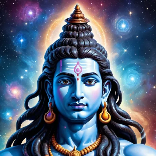 Prompt: An image showing the kind potrait of Hindu lord shiva being one with cosmos