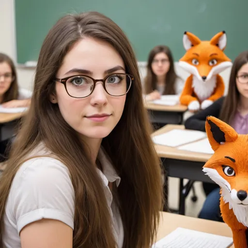 Prompt: a teacher who has eye glasses and long brown hair with white skin and fox shaped eyes in which a classroom full of undergrad students