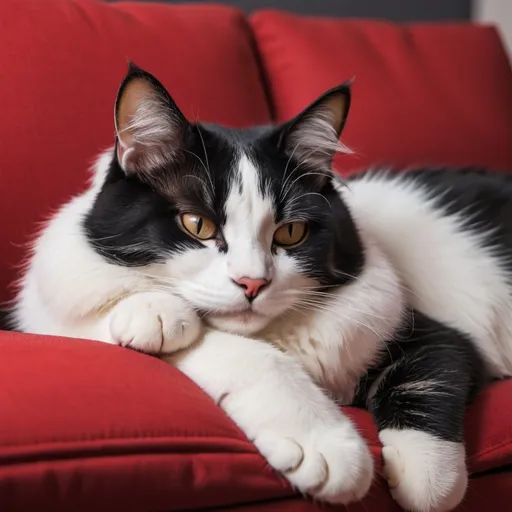 Prompt: a beautiful cat who has white and black color in harmony in cosy home environment while sleeping in peacefully in red-colored couch
