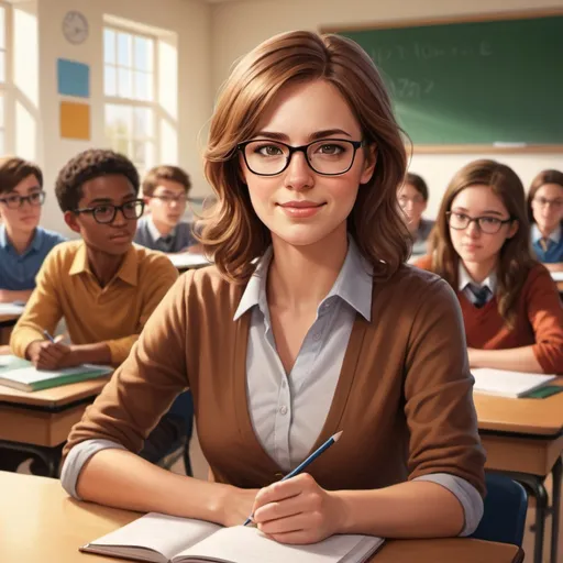 Prompt: Detailed illustration of a brown-haired teacher with glasses in a classroom, surrounded by eager undergrad students, realistic, high-res, professional, educational, bright lighting, warm tones, detailed hair, focused students, classroom setting, academic atmosphere, vivid colors, engaging teaching, attentive students, professional style