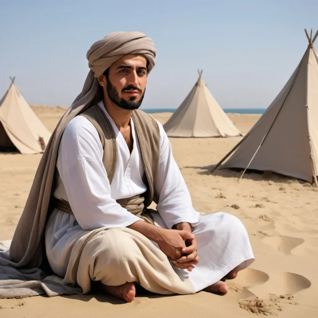 Prompt: A realistic picture of an Arab man in his thirties from the Middle Ages sitting on the sand, wearing a long robe and a turban wrapped around his head, and some tents appear on the horizon.