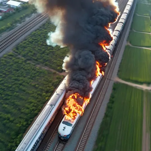 Prompt: aerial shot of speeding train on fire