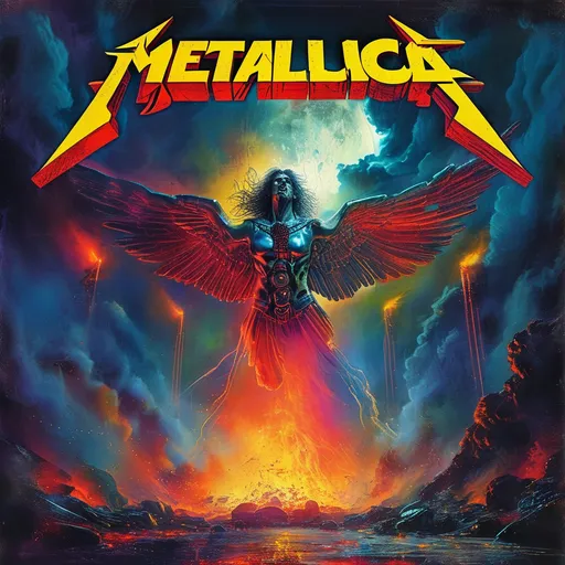 Prompt: photorealistic, classical Metallica album cover concept, (vibrant colors), intense lighting, dynamic composition, intricate details, rich textures, dramatic atmosphere, incorporating iconic motifs, evocative imagery, high-energy vibe, capturing essence of heavy metal, ultra-detailed, cinematic depth, showcasing grandeur and intensity.