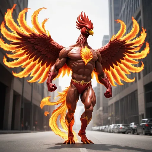 Prompt: Flaming phoenix bird rising on fire walking with bulging muscles superhero