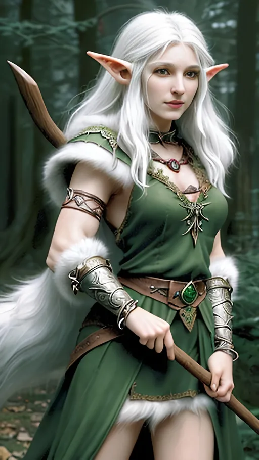 Prompt: Half-elf Druid Woman, white hair, fur and Leaf armour, Wolf fangs bracelet, wood quarterstaff 