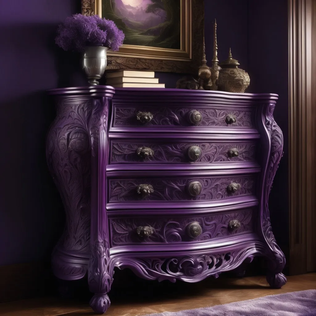 Prompt: Intricately carved bedroom chest of drawers, hyper realistic, dark fairytale, fantasy art, overall purple tinge, detailed carvings, high quality, hyperrealism, fantasy, dark tones, purple color scheme, detailed lighting, atmospheric