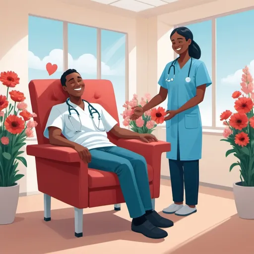 Prompt: Illustrate a warm blood donation scene. A smiling donor sits in a comfortable chair in a bright room with flowers and blue sky outside. The healthcare worker, smiling, gently holds the donor's hand, showing care and reassurance.