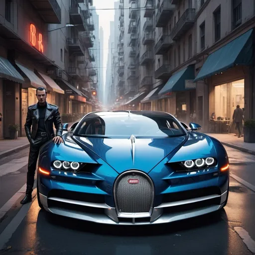 Prompt: a city cyberpunk with supper car bugatti driver on the street
