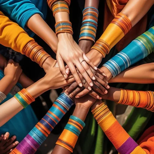 Prompt: (picture representing the theme of friendship), (unity and connection), diverse cultures, embracing diversity, colorful harmony, joyful expressions, intertwined hands, tapestry of humanity, inclusive atmosphere, vibrant colors, uplifting mood, celebrating similarities, bonds beyond differences, warm light illuminating connections, ultra-detailed, high-definition artistry.