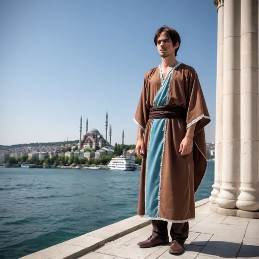 Prompt: Hauptfigur:

Eren Jäger: Erwachsen, mit längeren Haaren, wie er in späteren Episoden von "Attack on Titan" aussieht.
Kleidung: Traditionelle türkische Kleidung, zum Beispiel eine Kaftan oder ein Çepken mit typischen Mustern.
Pose: Eren steht am Ufer und blickt aufs Meer. Seine Haltung ist nachdenklich und melancholisch.
Hintergrund:

Ort: Aksaray Ortaköy, mit der berühmten Ortaköy-Moschee im Hintergrund.
Szene: Der Bosporus ist sichtbar, mit einigen Booten und vielleicht der Brücke im Hintergrund.
Türkische Elemente:

Flagge: Eine türkische Flagge, die irgendwo im Bild weht.
Architektur: Die Moschee und vielleicht einige traditionelle türkische Häuser oder Stände.
Bildbeschreibung zur Weitergabe
Stelle dir vor, Eren Jäger steht an der Küste von Aksaray Ortaköy und blickt melancholisch aufs Meer. Er trägt einen traditionellen türkischen Kaftan mit aufwendigen Mustern. Hinter ihm erhebt sich majestätisch die Ortaköy-Moschee, deren Minarette in den Himmel ragen. Der Bosporus erstreckt sich vor ihm, mit vereinzelten Booten, die sanft auf den Wellen schaukeln. Im Hintergrund könnte die Brücke, die Europa und Asien verbindet, zu sehen sein. Eine türkische Flagge weht im Wind und verleiht dem Bild ein zusätzliches Gefühl von Ort und Kultur.