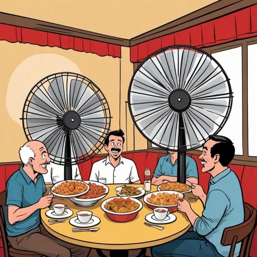 Prompt: A circular reunion of short pedestal fans looking at each other. Within a Spanish restaurant with paella. The joke is “fan reunion”.  The style is comic strip cartoon. The fans are short and white. It is a celebration.