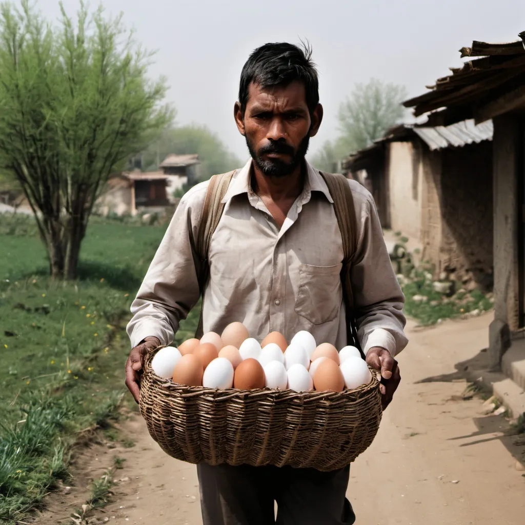 Prompt: A man carrying basket egg