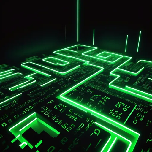 Prompt: neon green coding characters, (high-contrast), very dark background, (futuristic design), glowing effects, digital aesthetic, cyberpunk vibes, captivating shadows, vibrant neon brightness, sharp details, engaging composition, ultra-detailed, 4K resolution, lots of floating letters and numbers resembling code and binary in particular. 