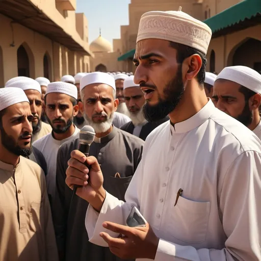 Prompt:  a  right good muslim man preaching people of wrong doing but the wrong doers turning back and not listening him  going away from him 
, village backround with mosques, 