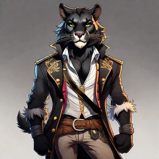 Prompt: Illustration front view, 
looking up from below, masterpiece intricate hyperdetailed best quality flat color pastel mix pencil sketch:

Full-body portrait of an anthropomorphic male panther furry fursona, dressed as a scruffy, flirtatious vagabond pirate with open shirt revealing all black fur, standing facing forward to the camera, smiling and winking mischievously.

opaque background

Art by Neal Adams, Walt Simonson, Ilya Kuvshinov and Yoji Shinkawa, 
precise hard pencil strokes, thick and hard pencil outline, hyperdetailed 2D vector concept art picture, 