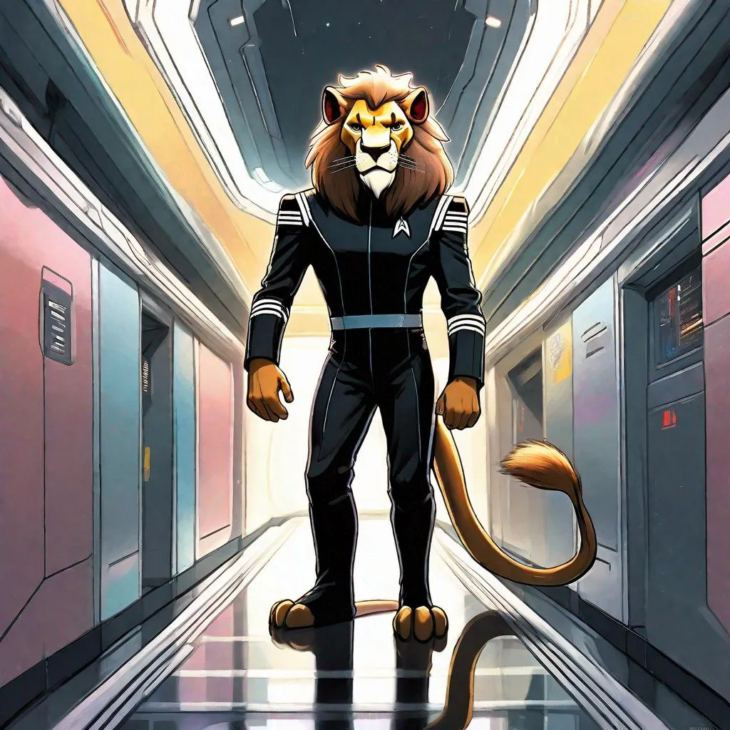 Prompt: illustration photographic front view, looking from below, masterpiece intricate hyperdetailed best quality flat color pastel mix pencil sketch, anthropomorphic lion fursona with tail, standing upright in starship corridor, human proportions, hyperdetailed, wearing black Starfleet uniform in the style of "Star Trek: The Next Generation", detailed face, by Ilya Kuvshinov and Yoji Shinkawa scenic view landscape 2D flat color gigantic abyss hole vector background, action shot, extreme long shot wide view, full frame wide angle, sunshine, blue sky, cinematic lighting, precise hard pencil strokes, thick and hard pencil outline, hyperdetailed 2D vector concept art picture, vector, illustration, character concept, 2D fantasy concept art style, inspired by final fantasy art, adventure, inspiring, colorful, heroic fantasy art