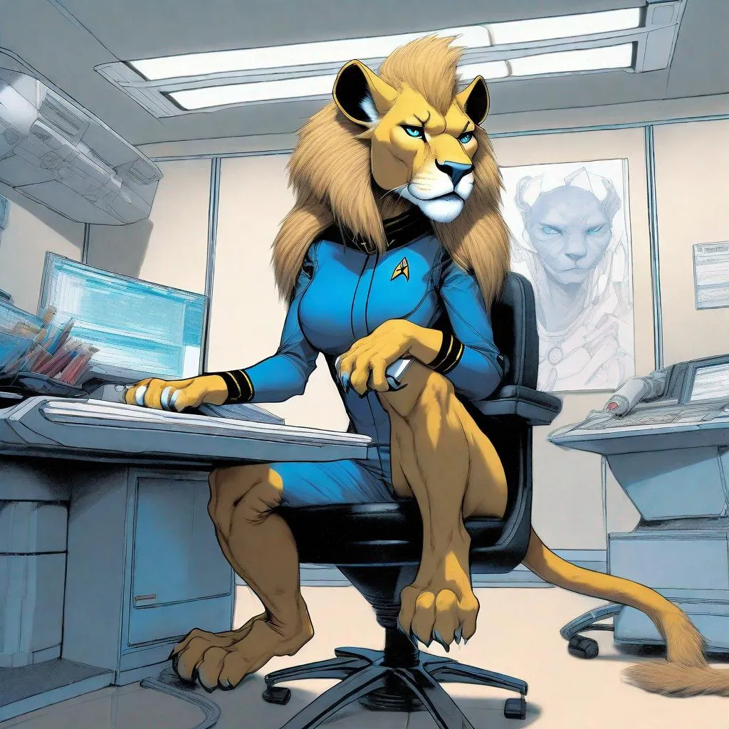 Prompt: Illustration photographic front view, looking from below, masterpiece intricate hyperdetailed best quality flat color pastel mix pencil sketch, anthropomorphic lioness fursona dressed in a black and blue uniform in the style of Star Trek the Next Generation, sitting behind a futuristic desk in a psychiatrist's office, Adam Manyoki, yukito kishiro, concept art, hyperdetailed, detailed face, by Ilya Kuvshinov and Yoji Shinkawa, precise hard pencil strokes, thick and hard pencil outline, hyperdetailed 2D vector concept art picture, vector, illustration, character concept, 2D fantasy concept art style, inspired by final fantasy art, adventure, inspiring, colorful, heroic fantasy art