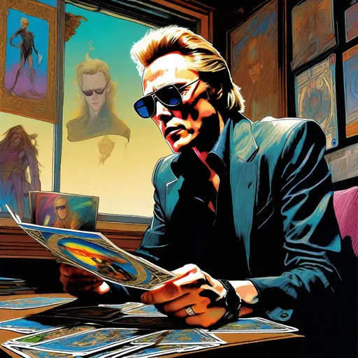 Prompt: Illustration photographic front view, looking from below, masterpiece intricate hyperdetailed best quality flat color pastel, mix pencil sketch: young blonde Christopher Walken wearing sunglasses in a darkened room, consulting someone reading Tarot cards, hyperdetailed, detailed face, by Neal Adams, Walt Simonson, Ilya Kuvshinov and Yoji Shinkawa scenic view landscape 2D flat color gigantic abyss hole vector background, action shot, extreme long shot wide view, full frame wide angle, precise hard pencil strokes, thick and hard pencil outline, hyperdetailed 2D vector concept art picture, vector, illustration, character concept, 2D fantasy concept art style, inspired by final fantasy art, adventure, inspiring, colorful, heroic fantasy art