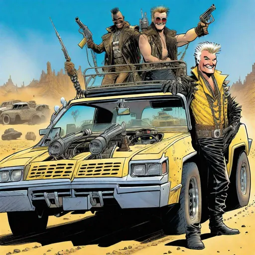 Prompt: Comic book version of Liberace in Mad Max Fury Road,  at by Walt Simonson