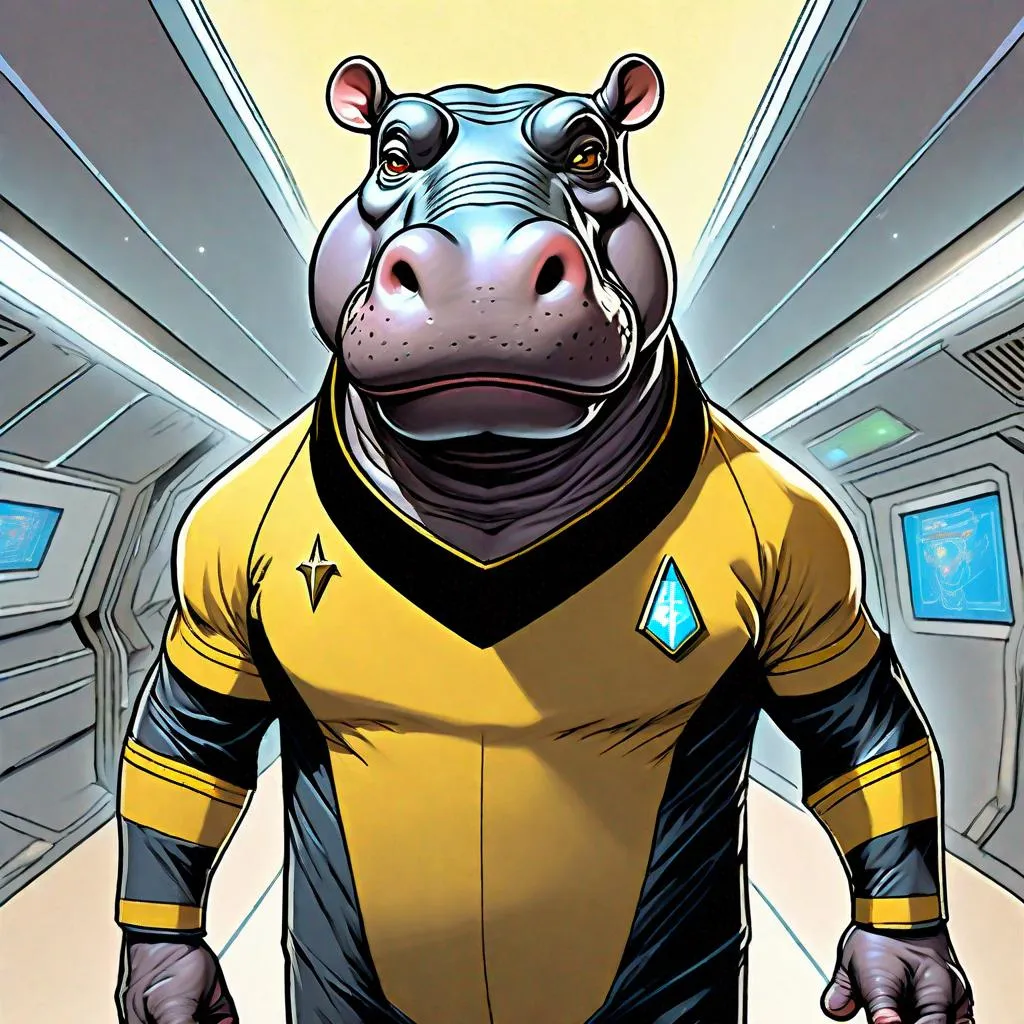 Prompt: Illustration photographic front view, looking from below, masterpiece intricate hyperdetailed best quality flat color pastel mix pencil sketch, an anthropomorphic hippo fursona, broad-shouldered muscular human proportions, large hands, Adam Manyoki, yukito kishiro, concept art, standing formally in starship corridor, hyperdetailed, wearing black and mustard Star Trek uniform with Starfleet arrowhead insignia, black boots on feet, detailed face, by Ilya Kuvshinov and Yoji Shinkawa, precise hard pencil strokes, thick and hard pencil outline, hyperdetailed 2D vector concept art picture, vector, illustration, character concept, 2D fantasy concept art style, inspired by final fantasy art, adventure, inspiring, colorful, heroic fantasy art