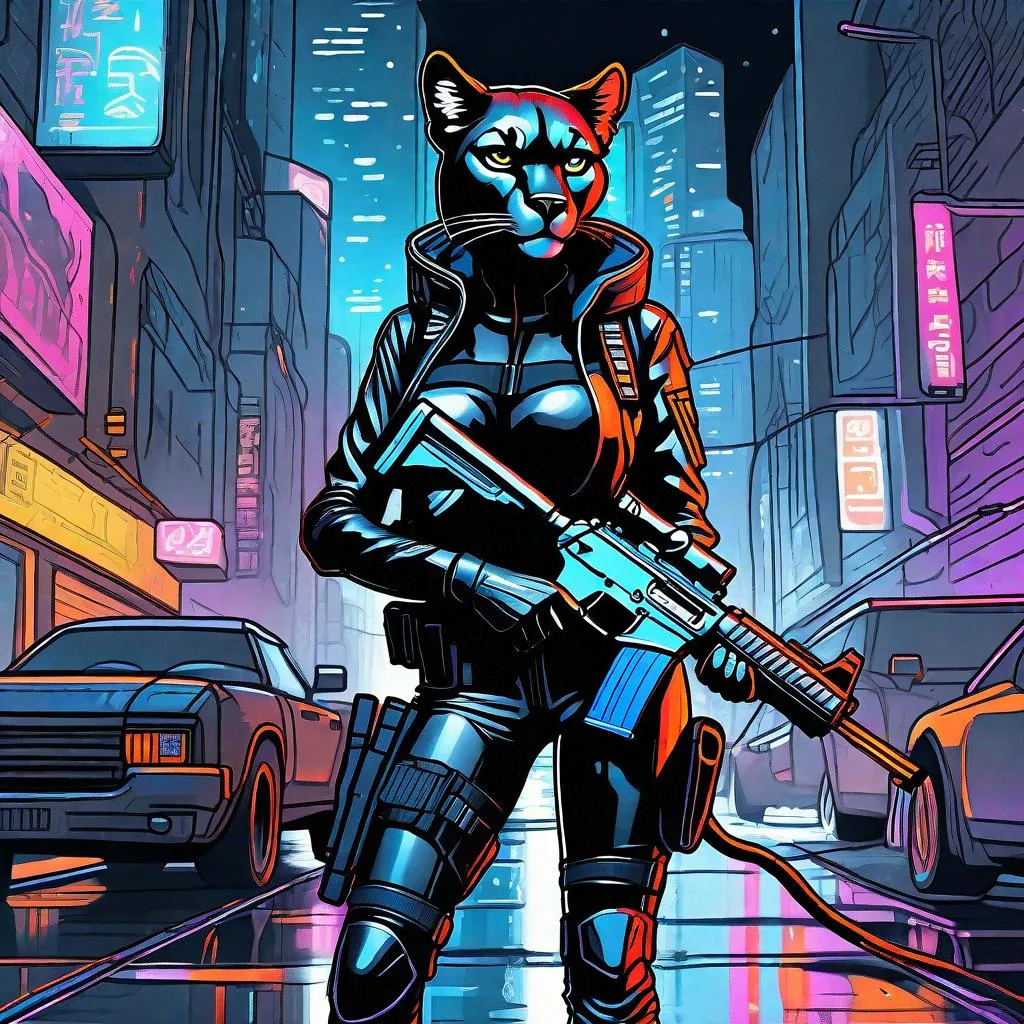 Prompt: Illustration front view, 
mIllustration front view, 
masterpiece intricate hyperdetailed best quality flat color pastel mix pencil sketch:

An anthropomorphic female panther furry fursona with a long tail, dressed in all-black SWAT gear and boots and carrying a futuristic laser rifle, is standing in the shadows of a a dark, garbage-strewn cyberpunk city alley on a rainy night.

Art by Neal Adams, Walt Simonson, Ilya Kuvshinov and Yoji Shinkawa, 
precise hard pencil strokes, thick and hard pencil outline, hyperdetailed 2D vector concept art picture, 