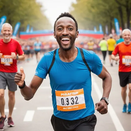 Prompt: happy man running a marathon and hes in first place and hes super happy to see the finish line