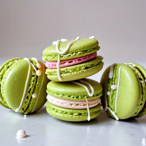 Prompt: A picture for an ad. 6 different macarons, one that is electric green with and electric green filling, one that is white with a white and brown chocolate filling, one that is pink with a pink filling and one that is blue with a white filling. 