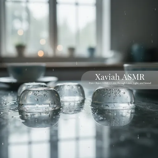 Prompt: Cinematic macro composition of a glass table with translucent jelly domes, condensation droplets, and soft morning or rainy light reflections.
Shallow depth of field, blurred background suggesting a calm kitchen or tea room.
Palette of soft blues, whites, and neutral grays.
Include faint reflections of candlelight or raindrops for mood, but no visible humans or utensils.
Overlay space (center-right) with subtle empty gradient for logo placement.
Type: Banner / Cinematic Still / Soft Diffused Light.


Xaviah ASMR
“Pure Object ASMR • Calm through Glass, Light, and Sound”
