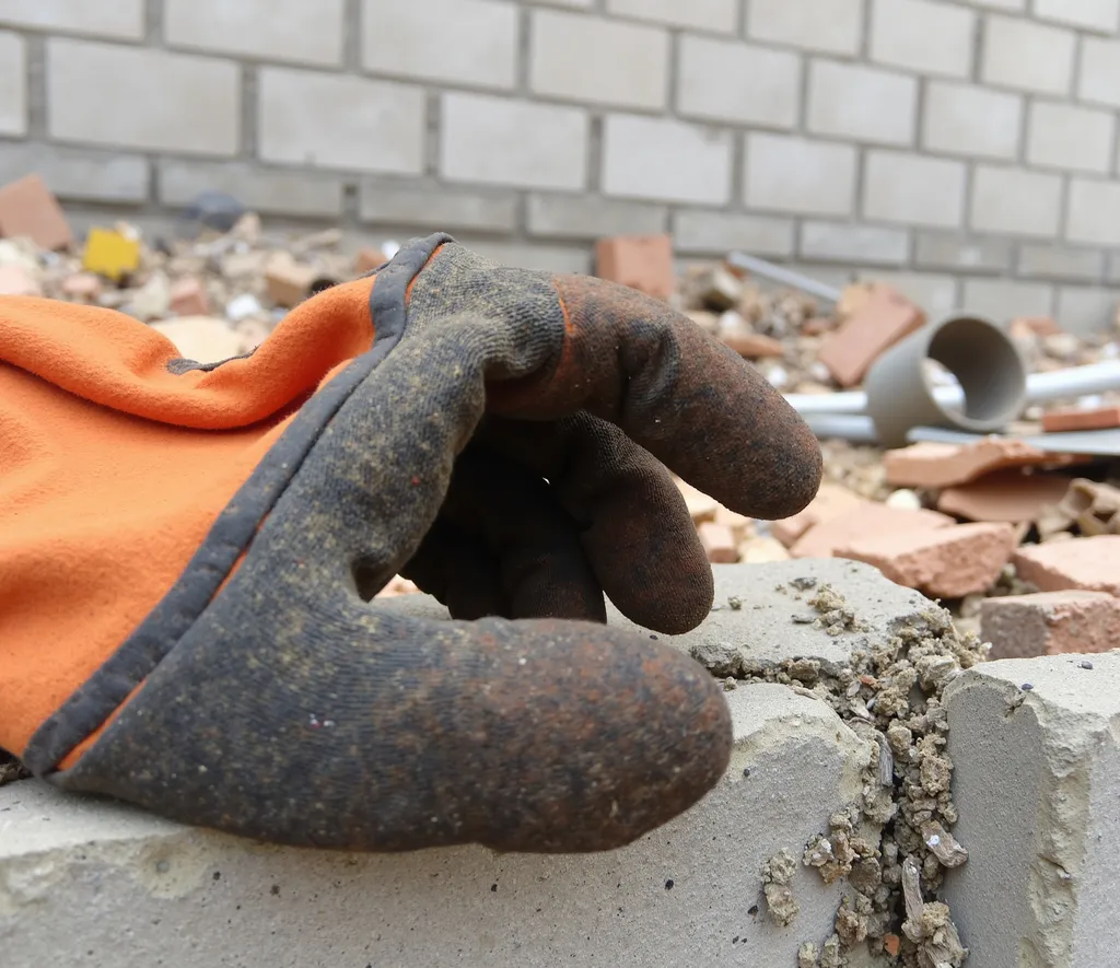 Prompt: A worn, orange and black work glove rests partially on a rough concrete block, its tip slightly curled, suggesting a recent or impending action. Its surface is dusty and stained, indicative of extensive use in a construction or demolition environment. Behind it, the scene is littered with debris, including fragments of brick and metal pipes, while a simple concrete wall looms in the background, hinting at an unfinished or abandoned structure. The disordered setting creates a mood of hard labor and industriousness, emphasizing the often unseen effort involved in construction work. The overall lighting is soft and natural, contributing to the gritty realism of the scene.