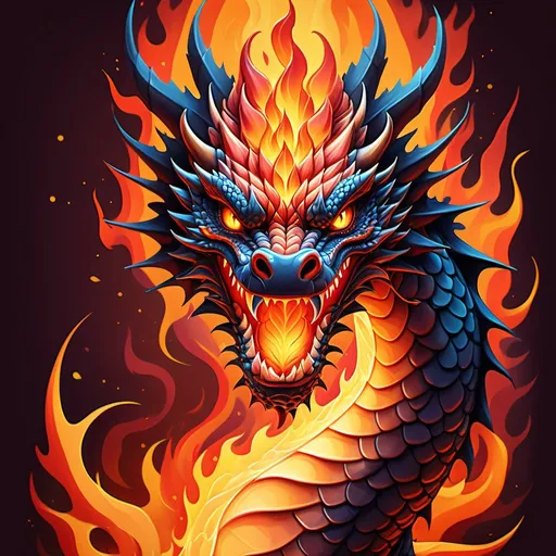 Prompt: (Dragon breathing fire), vibrant colors, dynamic composition, bold graphic design, captivating artwork, suitable for sweater print, fierce expression, intricate scales, fiery flames surrounding, dramatic ambiance, blending warm tones of orange and red, whimsical yet powerful style, high-quality details, eye-catching visual.