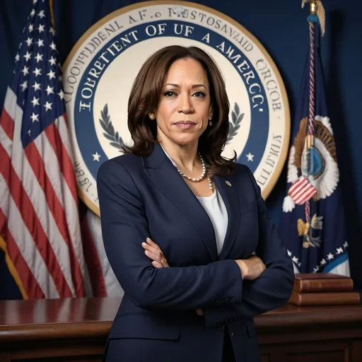 Prompt: a picture of kamala harris with the united state seal  of america behind her in the background

