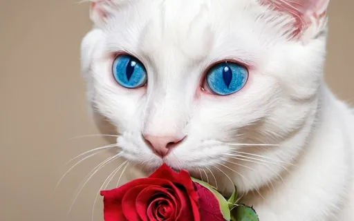 Prompt: A white cat blue eyes hold rose in mouth