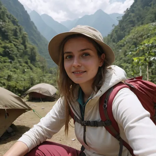 Prompt: cinematic shot, white female modal 26 year old girl named lenda takes photos while trekking in the indian trek and relaxing on camp side. lenda is wearing a trekking sendow,  trek the indian mountains in a rainforest vibrant under the bright sun
