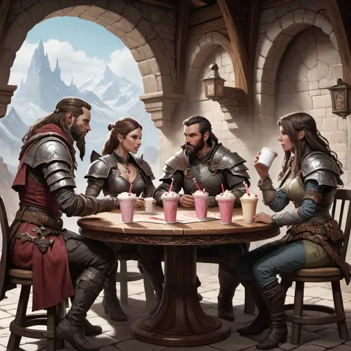 Prompt: four fantasy characters from D&D sitting round a game table, drinking coffee or milkshakes, the table show a 3d terrain of a d&d campaign
