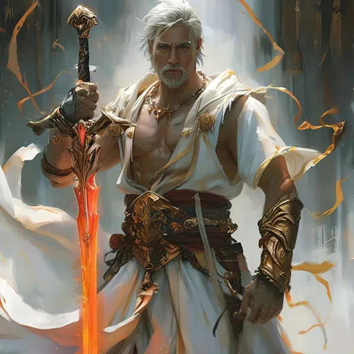 Prompt: monk
Dungeons and dragons character
Male
Man
35 years old
Medium build
Athletic 
Warrior
Monk
Nice clothes
Not wearing armor
Wielding the vorpal greatsword
Wielding an intricately crafted greatsword
Exquisite detail
Vivid
Lifelike
Detailed
Clear
Realistic
Spiritual warrior
Fighter
Powerful
Magical warrior
Strong
Calm
Fit
Whole body view
Not a portrait
Ready to fight
Powerful warrior
Master swordsman
Sword drawn
White and gold themed clothing
Not wearing armor
Loose fitting clothes
Open shirt
Not wearing lots of clothing
Loose clothes
Shirt is open revealing his toned chest
Confidently wielding a magical greatsword
The one and only vorpal sword
Wielded of the vorpal blade
Sword has a dark red blade