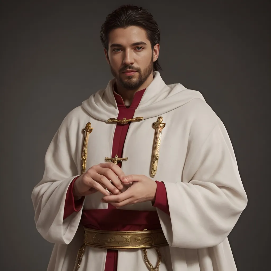 Prompt: A Rogue Cleric DND character
Male
Fit
Athletic
Average build
Robed
Rich
Wealthy 
Corrupt priest 
Roguishly handsome 
Detailed 
Clear
Vivid 
High quality
Light skin
Fully clothed in nice robes
Nice rings
Gold, white, and red color scheme
Photorealistic 
Human
Nice stubble 
Male