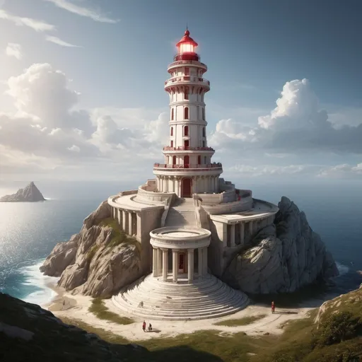 Prompt: Temple in the shape of a lighthouse
Temple of the god Lathander from Dungeons and Dragons
White washed temple
Greek style lighthouse
White stucco with a large tower
Instead of a light, there is a huge glowing ruby on top of the tower
Massive structure
Fantasy
Under construction
Huge Ruby crystal in place of the light