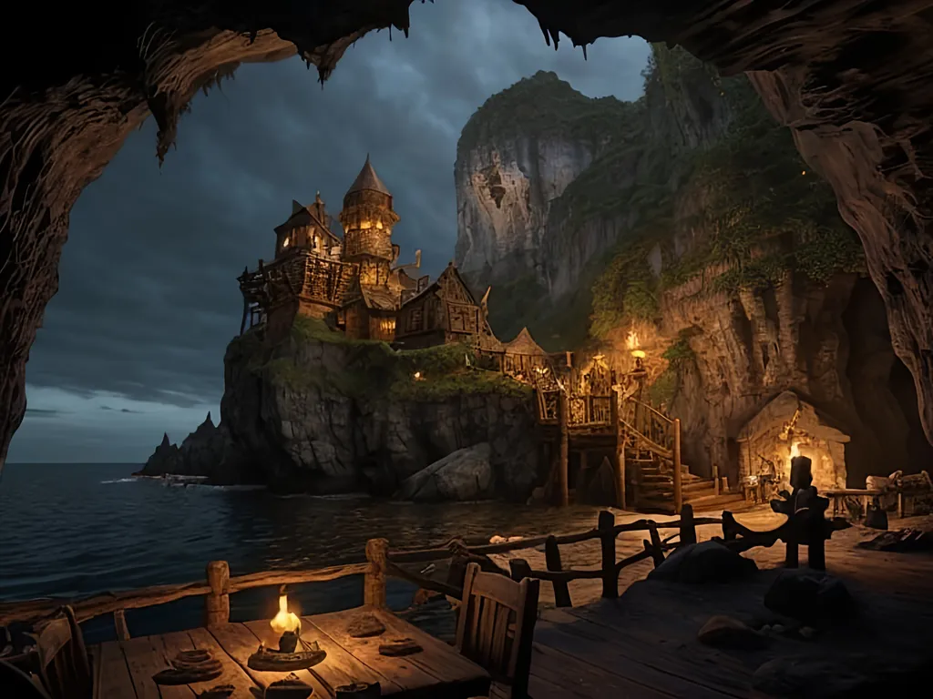 Prompt: Fantasy adventure setting
Dungeons and dragons 
Pirate cove
Cave on the coast
Pirate hideout
Nice boat moored in the cove
Pirate cove
Pirate hideaway
Secret hideout for large pirate crew
Vivid
Realistic 
Detailed
Wood structures
Medieval
High fantasy
Wooden dwellings
Bar
Tavern
Multiple homes
Large wooden structures built into the cave