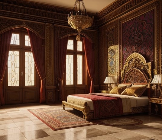 Prompt: Palace guest bedroom
Guest room
Palacial
Opulent
Beautiful
Intricate stone floors
Simple and expensive decoration
Bohemian
Comfortable
Realistic
Colorful
Vivid
Fantasy world
Dungeons and dragons setting
Lifelike
Fancy