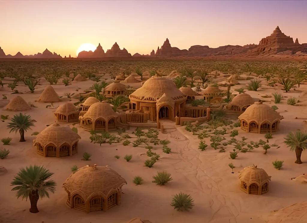 Prompt: desert settlement
Druid grove in the desert
Sprawling oasis settled by desert dwellers
Beautiful desert
Desert commune
Wooden buildings 
Fantasy setting 
Desert druids
Dungeons and Dragons setting
Vivid
Clear
Sunset
Photorealistic 
Oasis in the desert 
Oasis
Water source
Desert oasis
Large settlement
Population of 209
Desert