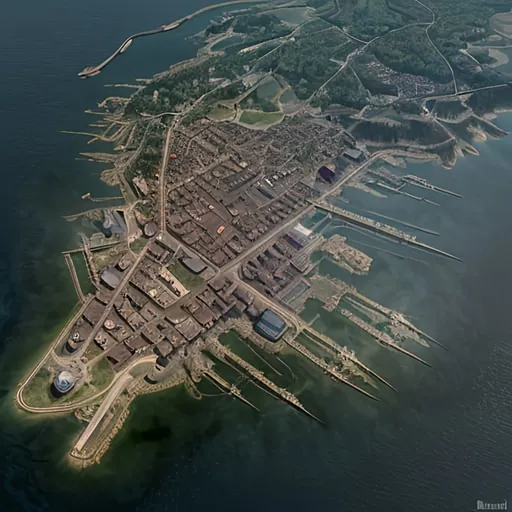 Prompt: Port city 
Tranquil 
Maine Coast vibe
 coastal town
Not tropical
Port city
Medieval high fantasy town
Fantasy setting
Large port city
Sprawling port town with several docks 
Dungeons and dragons adventure 
adventure setting
Pirate town
Civilized
Coastal town
Northern coast
Densely populated 
Busy port
Aerial view 