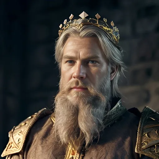 Prompt: A human king
Dungeons and dragons adventurer
 wise king
Middle aged
Blond graying hair and beard
Simple golden crown
Nice clothes 
Exquisitely crafted gear
Handsome
Fatherly
Warrior
Imposing
Vivid
Detailed
Clear
Intricately detailed crown
Simple shaped crown with magical runes
Realistic
Simple circular crown