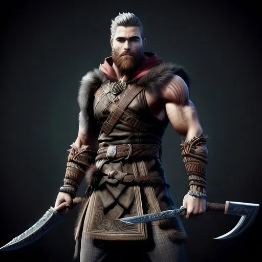 Prompt: Handsome male warrior
Nice face
Clear and detailed human face
Vivid
Wields two battle axes
Berserker
Large
Strong adventurer
Druidic warrior
Imposing
Toned
Detailed
Dude is ripped
Tattoos
Tall 
Has hair
Human male
Tunic
Nice gear
Nice cloak
Detailed
Wearing hides
Full body
Wields axes
Hairy
Bearded
Dual wielding axes
Barbarian
Dungeons and dragons character art
Brown hair
Brunette