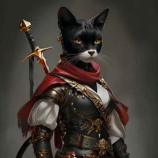 Prompt: Dnd character
Female Tabasco
In fine clothing
Tabaxi 
Cat person
Female cat person
Fully clothed
Wearing studded leather armor
Has a gleaming gold and red scimitar 
Pirate
Not obviously a pirate
Definitely a pirate though
Swashbuckling rogue
Impressive
High quality gear
Exquisitely crafted leather armor 
Wearing fine silk robes under her armor
Beautiful
Intimidating
Confident 
Mechanical leg
Left leg is mechanical 
Arcane mechanical leg
Minimalist mechanical leg
High quality
Vivid
Wielding the Vorpal scimitar
Clear
Full body view
Not a portrait
Black, red, and gold theme
Her fur is black and white spotted
Serious looking, not a goofy wide eyed cat
Leporine features
Powerful
Feminine
Confident
Strong
Photorealistic
Armor is intricately embossed