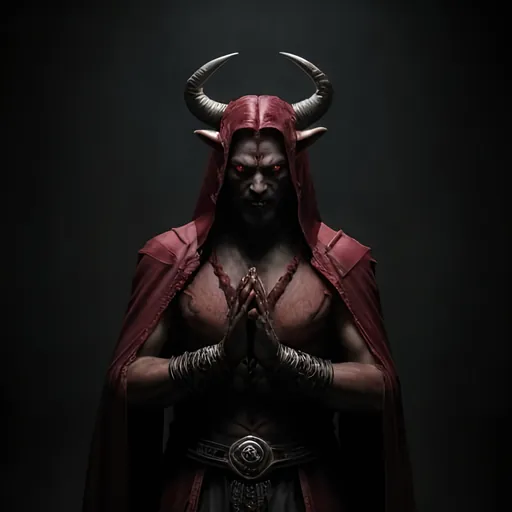 Prompt: A vivid and terrifying vision of asmodeus from dungeons and dragons
Detailed
Clear
Intimidating
Deity
Evil deity
hands are clearly visible with 5 fingers on each hand
normal humanoid hands
Asmodeus
Intelligent
Crafty
Devilish
Humanoid 
Lean
Robed
Cloaked
Four horns on his head 
Rams horns
Satyr
Impressive
Smart
Warlock
Handsome
Powerful
Fully clothed
Realistic
Normal looking hands
High quality
Dark red skin
Red skin
Powerful evil deity asmodeus 
Asmodeus from dungeons and dragons