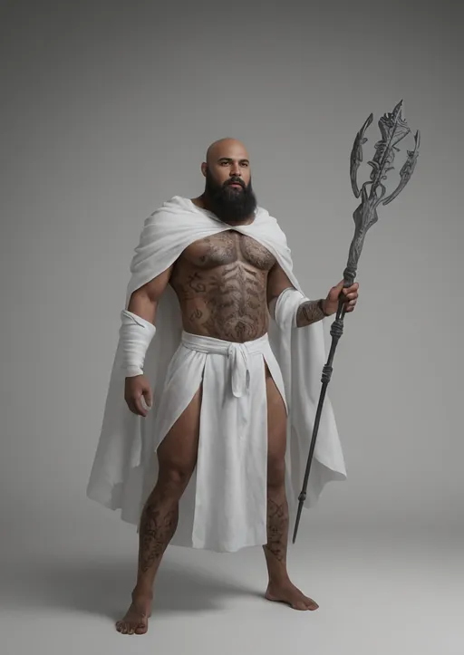 Prompt: Goliath warrior
Goliath mage fighter
Goliath battle mage 
Gray skin
Bearded
Dark gray skin
Giant humanoid
Holding a magical spear
Clothed in white linen
It is very important that his skin is gray and covered in tattoos
Solid white robe
Cloaked in white robe
Head uncovered
Bald head with visible tattoos
Tattoos on his body
Gray skin
Gray humanoid giant
Goliath warrior from dungeons and dragons wearing a white robe
Realistic
Vivid
Clear
Confident
Tough
Intimidating
Dark haired beard
Dark brown beard 
Hair is not gray 
His skin is the color of mercury 
No belt
No jewelry
Skin is the color of someone who drinks too much colloidal silver
Skin is a blueish gray color 
Powerful magical warrior 
Wielding a magical staff
Holding a magical staff in front of himself
Well-formed and detailed features
Hands are clear and detailed
Solid white robes
Robed and cloaked in white
Very gray skin
Not a white man
Not a black man
Fully robed
Body covered by white robes
Thick white padded armor
A gray man
Giant gray humanoid
Bulky
Not lean
Thick muscles
No belt
No bright light in the background
Dimly lit but visible
Vivid
Mountainous setting
Beard is dark brown, not gray
Gray skin with brown eyes and a brown beard
Not on a white background